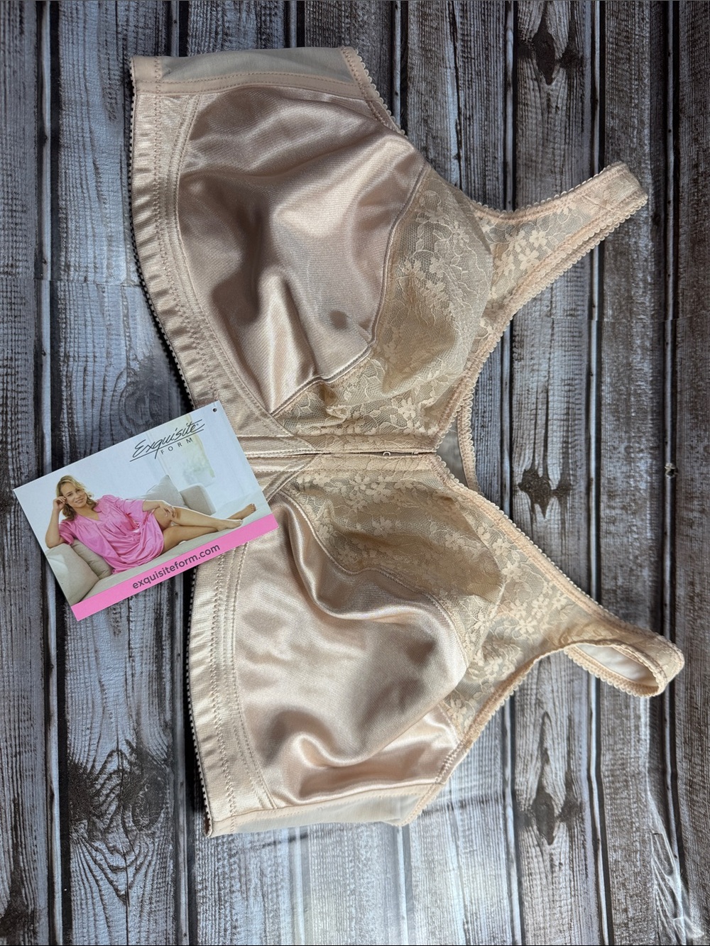 Exquisite Form Satin & Lace Full Coverage Bra — Nude/Beige